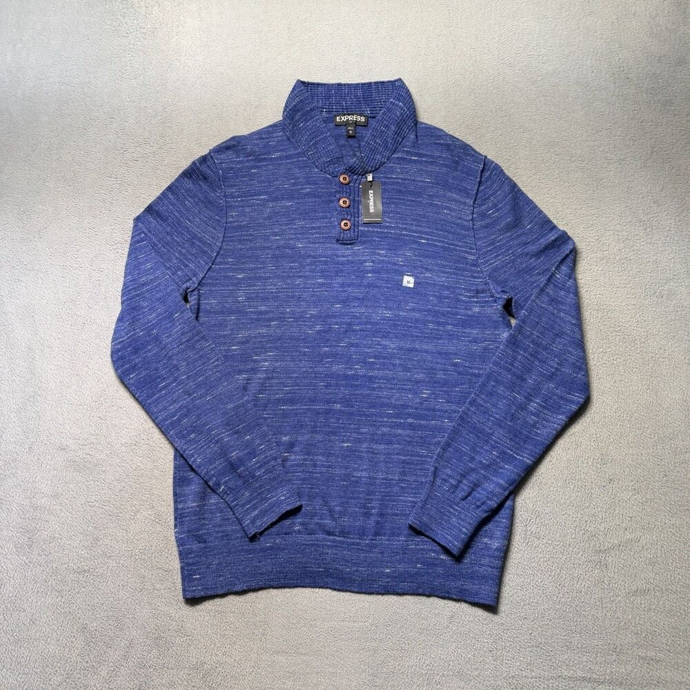 Express Men’s M Blue Shawl Collar Henley Pullover Sweater Wool Blend NWT